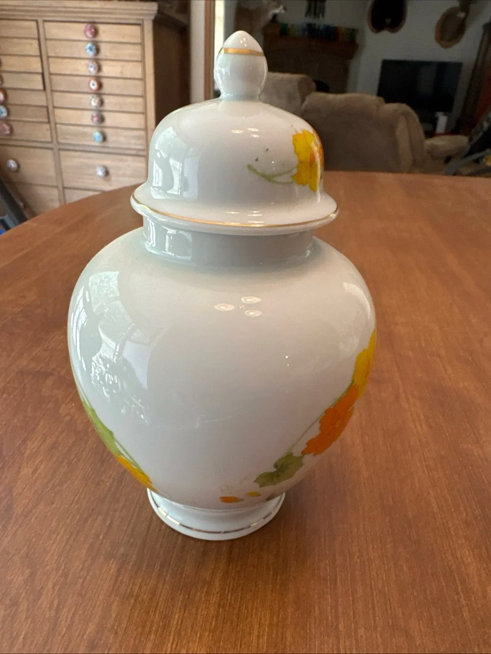 Porcelain Floral Ginger Jar in White with Orange and Green Accents